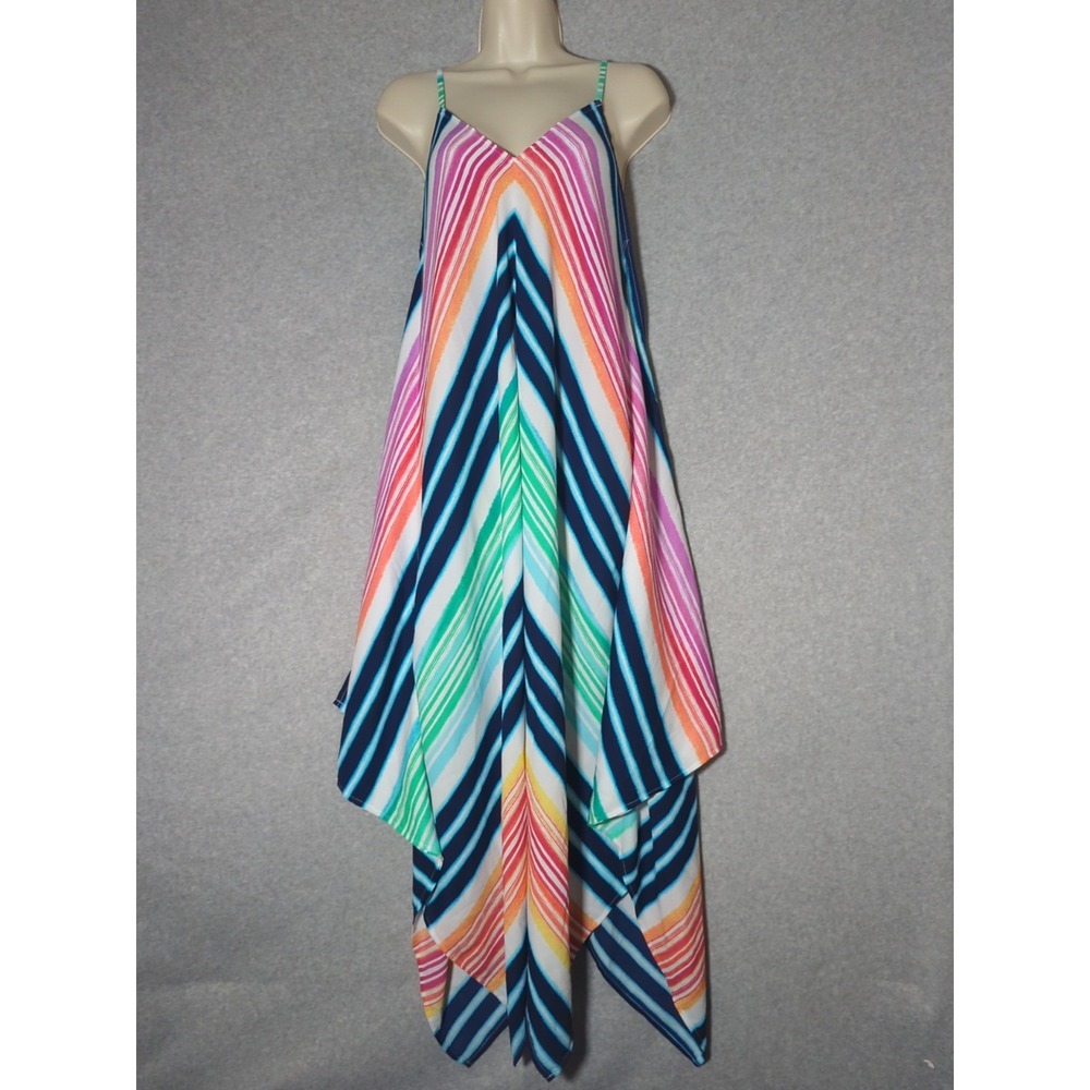 Tommy Bahama Spaguetti Shift Maxi Summer Dress Multi Striped S/M Asymmetrical